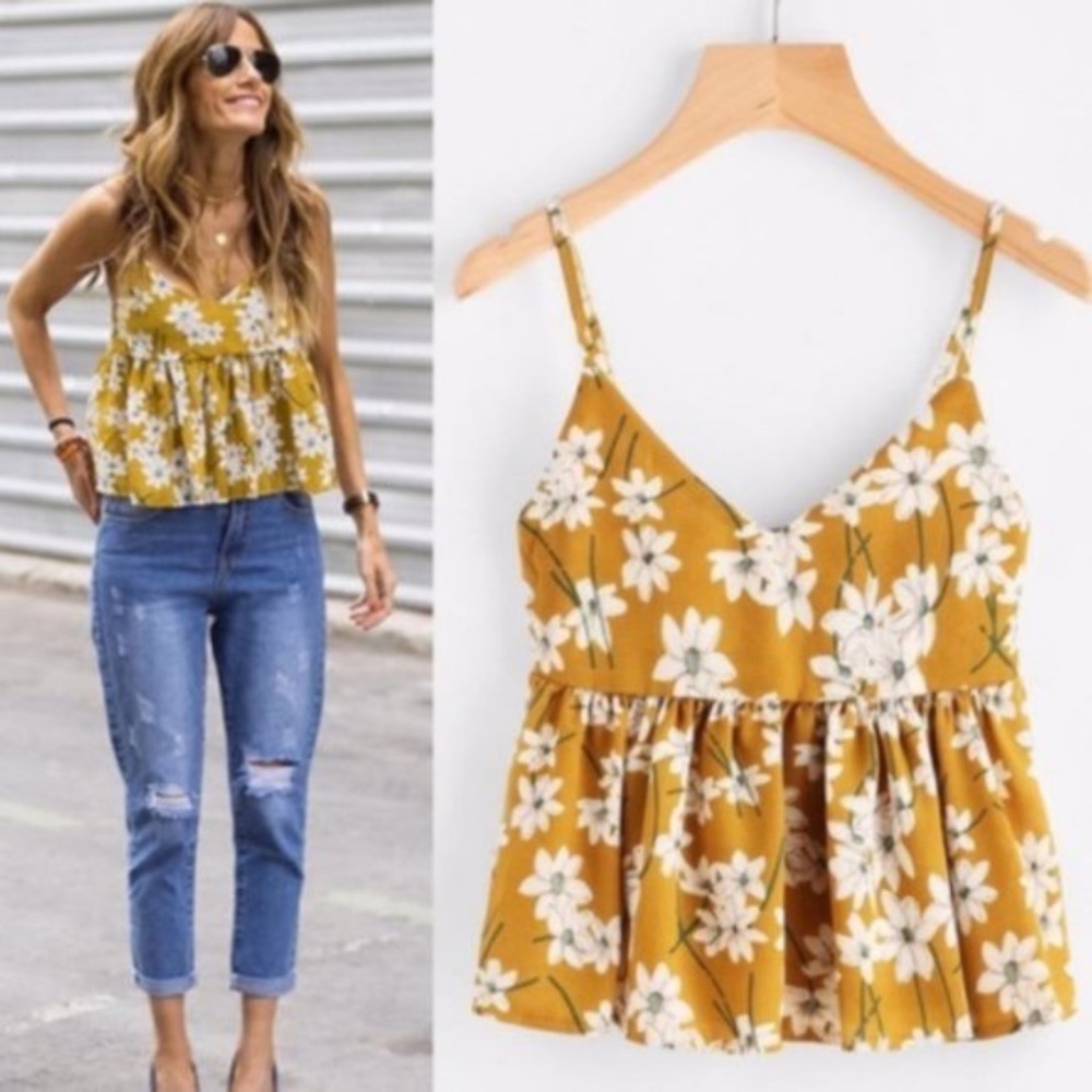 #31 Boho gypsy mustard floral print cami babydoll top